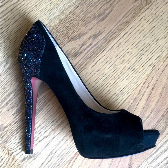 Black suede sparkle Christmas peeptoe platform women high heel stiletto dress - Picture 2 of 11